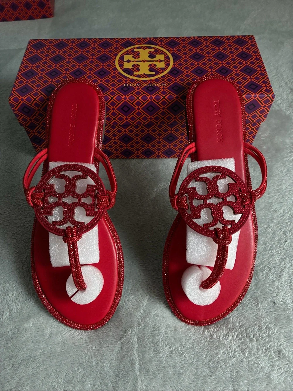 Tory Burch Red Glitter Logo Thong Sandals